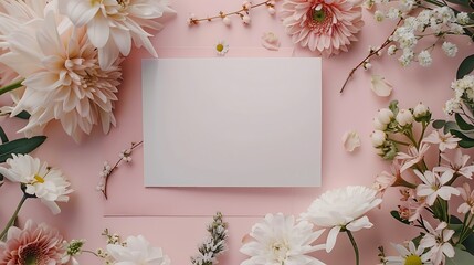 Obraz premium Holiday greeting card mockup with flowers on light pink background, top view, flat lay. White wedding invitation card mockup and floral decor. Generative Ai