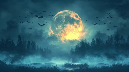 3D illustration of Halloween Night with Spooky Moon and Bats