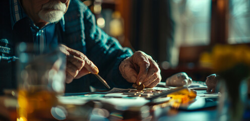 An elderly man sitting at a table, focused on writing on a piece of paper while carefully counting coins - obrazy, fototapety, plakaty