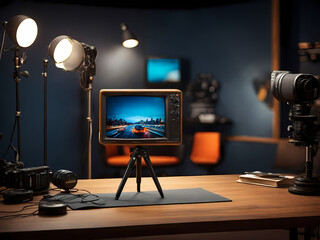 A professional TV and film studio setup with dynamic lighting, showcasing softboxes, spotlights, and LED panels and other studio lighting used for film production