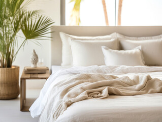 Close up bed with beige bedding. Scandinavian interior design of modern bedroom.