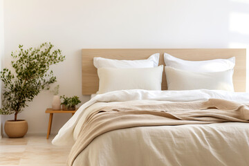 Close up bed with beige bedding. Scandinavian interior design of modern bedroom.