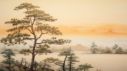 a painting of a tree in the middle of a field with mountains in the background and fog in the air.