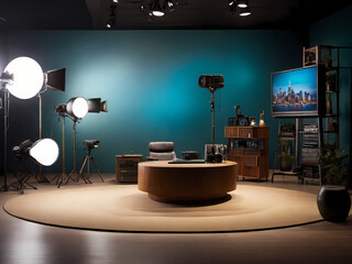 A professional TV and film studio setup with dynamic lighting, showcasing softboxes, spotlights, and LED panels and other studio lighting used for film production