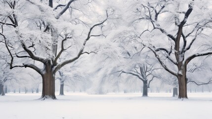 a group of trees covered in snow next to a forest filled with lots of tall, thin, leafless trees.