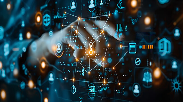 Online banking and digital money concept with man finger on virtual touch screen interface with central bank layout surrounded currency signs: dollar, euro, ruble and yen on abstract b