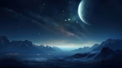 a view of a mountain range with a moon in the sky and a distant distant planet in the foreground.