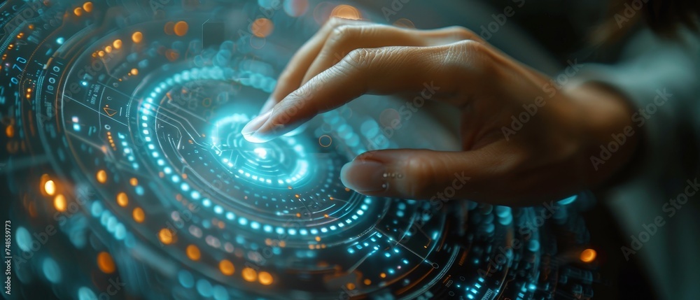 Leinwandbilder Smart home automation assistant on a circular virtual screen and a user touching it