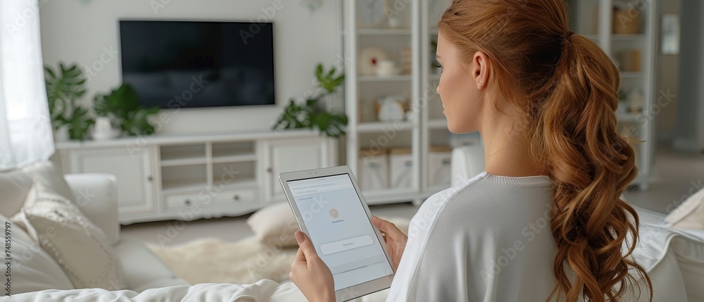 Poster a woman controls smart home devices in the white living room using a tablet with an application laun