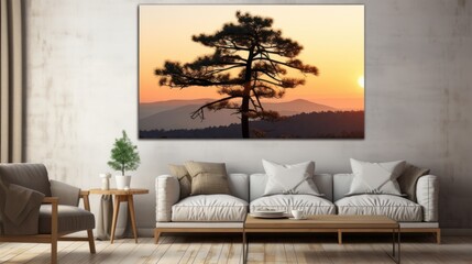 a living room filled with furniture and a painting of a pine tree in the middle of the room with mountains in the background.