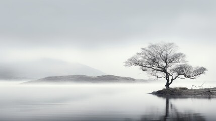 a lone tree on a small island in the middle of a body of water with a mountain in the background.