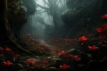 Ominous Red flowers dark jungle. Color beauty. Generate Ai - Powered by Adobe