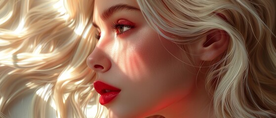Girl with long, wavy hairstyle and red lips. Blonde with curly hairstyle.