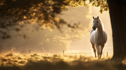 a white horse standing in a field next to a tree on a sunny day with the sun shining through the trees. - obrazy, fototapety, plakaty