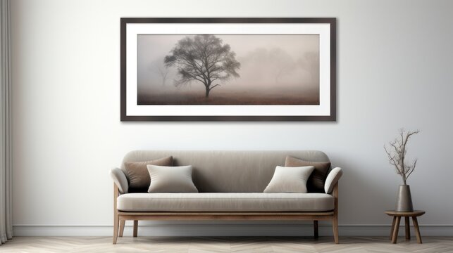 a living room with a couch and a picture hanging on the wall above the couch is a picture of a tree.