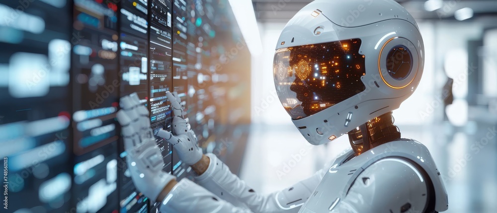 Poster Using smart robot AI technology for help and support work in chatbots, artificial intelligence, generating images, writing codes, and analyzing data using a website.