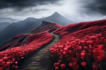 Vibrant Red flowers mountain view. Sunset landscape. Generate Ai - obrazy, fototapety, plakaty