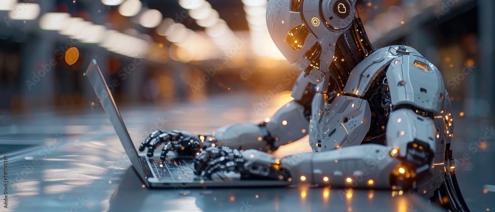Fototapete An AI bot (Artificial Intelligence), a search engine, a businessman using a laptop connected to AI, using a command prompt to generate ideas, digital transformation, and SEO.