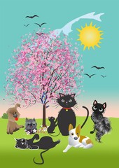 spring composition with tree and animals - 748560580