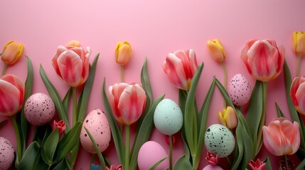 pastel tulips alongside Easter eggs, Easter, pastel background