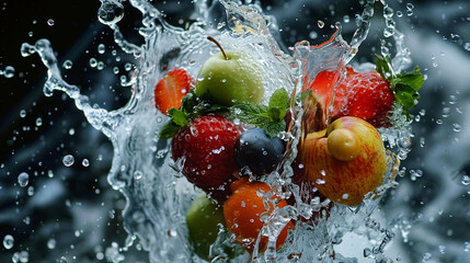 heart shape by various vegetables and fruits, splash water fresh , Generate AI