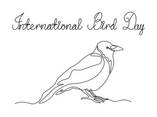 Abstract Raven, crow,continuous single line art hand drawing sketch, logo of the International Bird Day