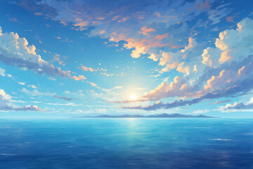 The clear sky looks blue in the middle of the sea. In anime style