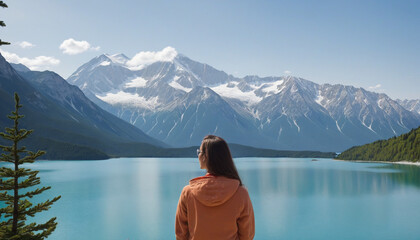 Woman traveller standing against stunning landscape view of snow mountain and lake background