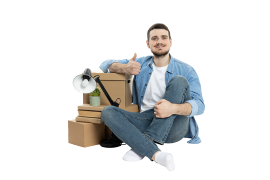 PNG, man with boxes, moving concept, isolated on white background. - Powered by Adobe