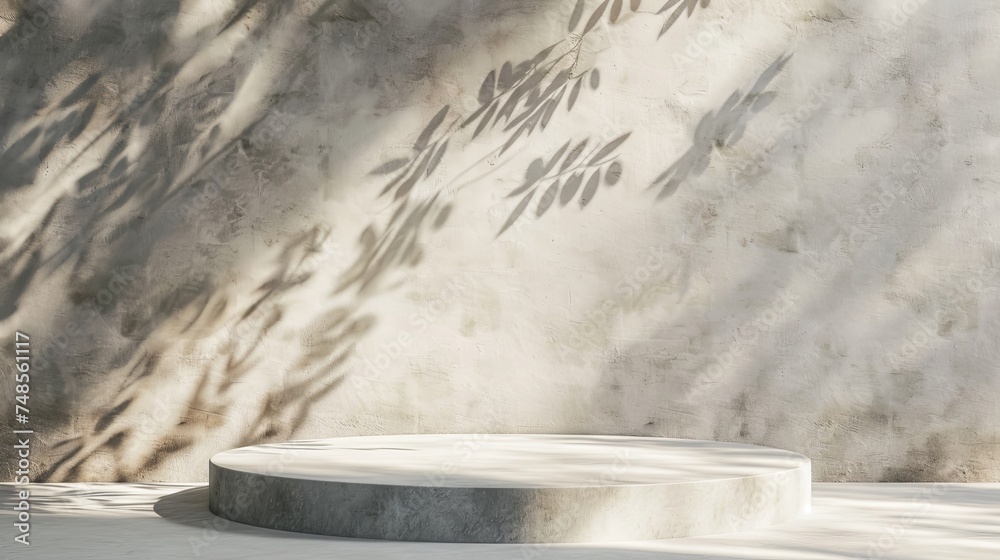 Poster Realistic rendering of a step podium for packaging presentation and cosmetics. Product display with white concrete texture and stone texture. Natural beauty pedestal in sunlight.