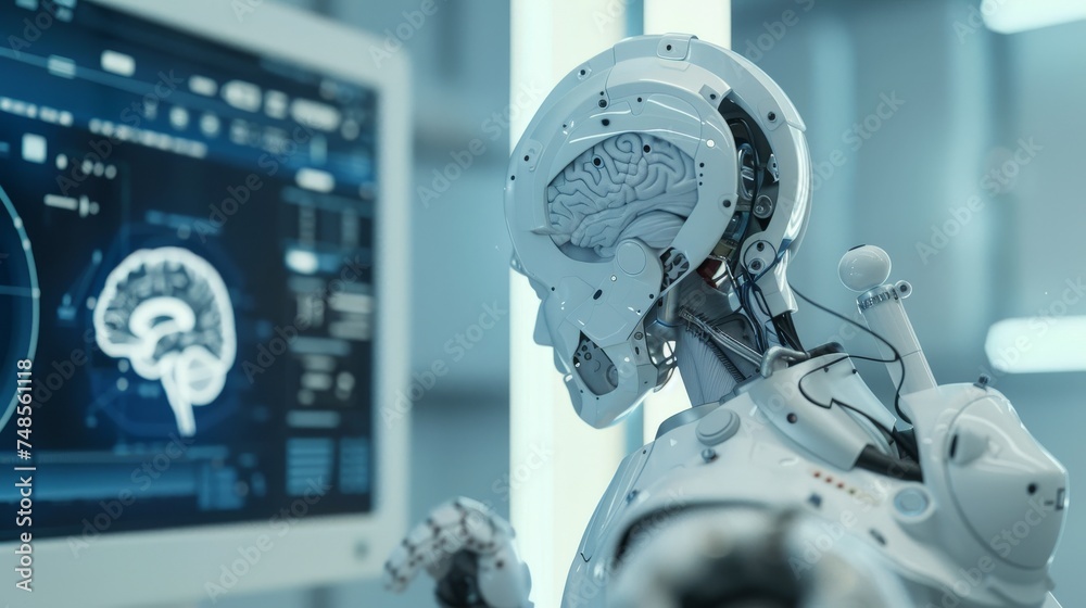 Aufkleber A robot checks brain testing results with a computer interface, a futuristic analysis of human brains, and the integration of technology into science and medicine is explored