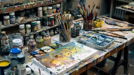 Naklejka na ściany i meble A chaotic and colorful painter's table filled with brushes, paints, and a palette, evoking the creative process.