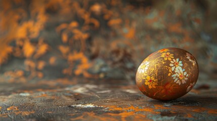 A single intricately decorated Easter egg rests on a rustic, patterned surface, symbolizing springtime traditions.