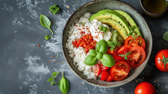 a bowl of rice, tomatoes, avocado, basil, and tomatoes on a table with a cup of tea.