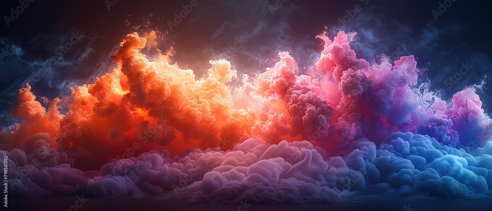 Poster chromatic mirage: colourful smoke effect shapes emerging from a deep black background