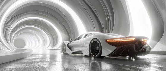 Rendering of an abstract futuristic architecture design. Showcase of a car on a white concrete floor.