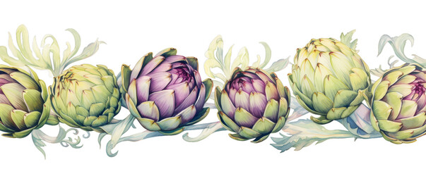 Fototapeta premium Watercolor background banner of artichokes isolated on a white background as transparent PNG