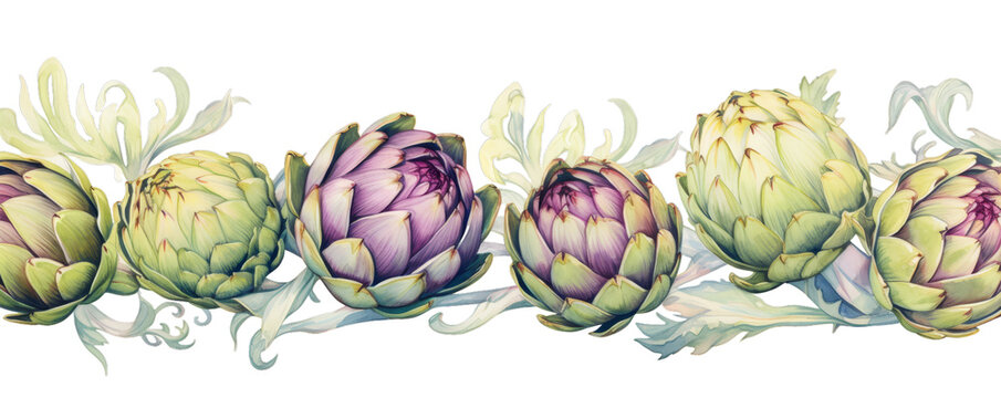 Watercolor background banner of artichokes isolated on a white background as transparent PNG