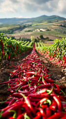 A Sicilian pepper farm at harvest time, with the air rich and fragrant with the scent of fresh spices.