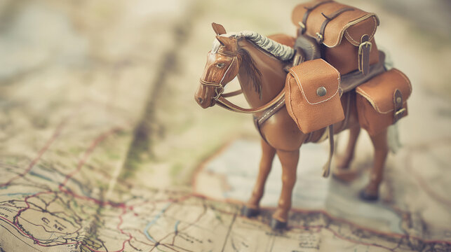 Vintage Miniature Horse Figurine with Leather Saddlebags on Old World Map for Travel Concept