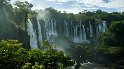 Vibrant sunlight filters through the mist of cascading waterfalls in a dense, tropical jungle environment.

