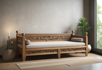 a hand carved balinese daybed made isolated on a transparent background
