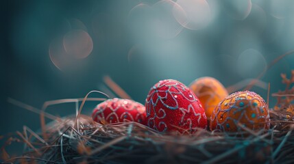 Colorful patterned Easter eggs nestled in straw, symbolizing spring and festivity.