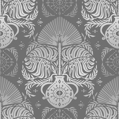 Seamless gray Damask pattern with tropical motifs. Floral abstract repeat monochrome background.
