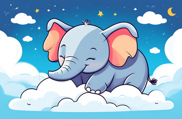 Cute baby elephant sleep on the cloud. Use for Happy birthday invitation card, T-shirt print, baby...