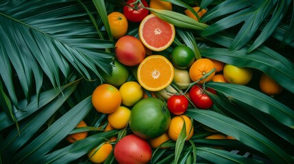 A bunch of fruit placed on a palm leaf, exotic flora, vitamins and tropical lifestyle concept, copy space.