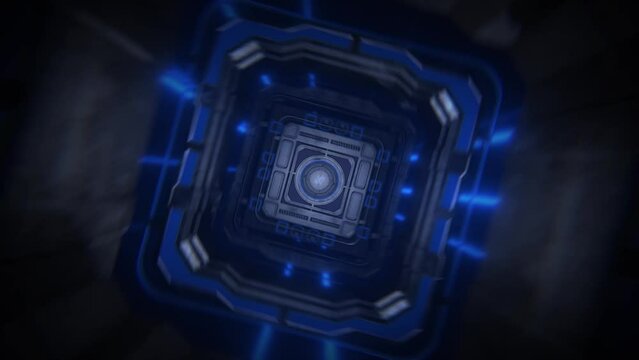 The camera flies through the metal frames of the spaceship and zooms in on the door, revealing the logo