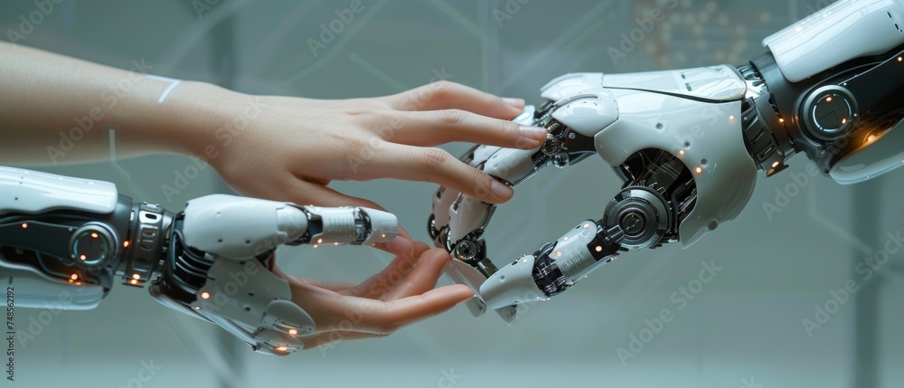 Fototapete AI, Machine Learning, Robots and humans touching on big data network connection background, Science and artificial intelligence technology, innovation and futuristic.