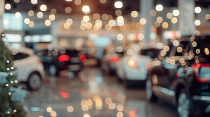 Abstract blurred image of a car dealership showroom with glowing overhead lights creating a bokeh effect.