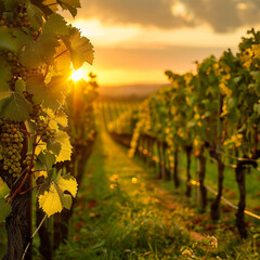Lush vineyard rows at sunset, the promise of harvest cast in golden light